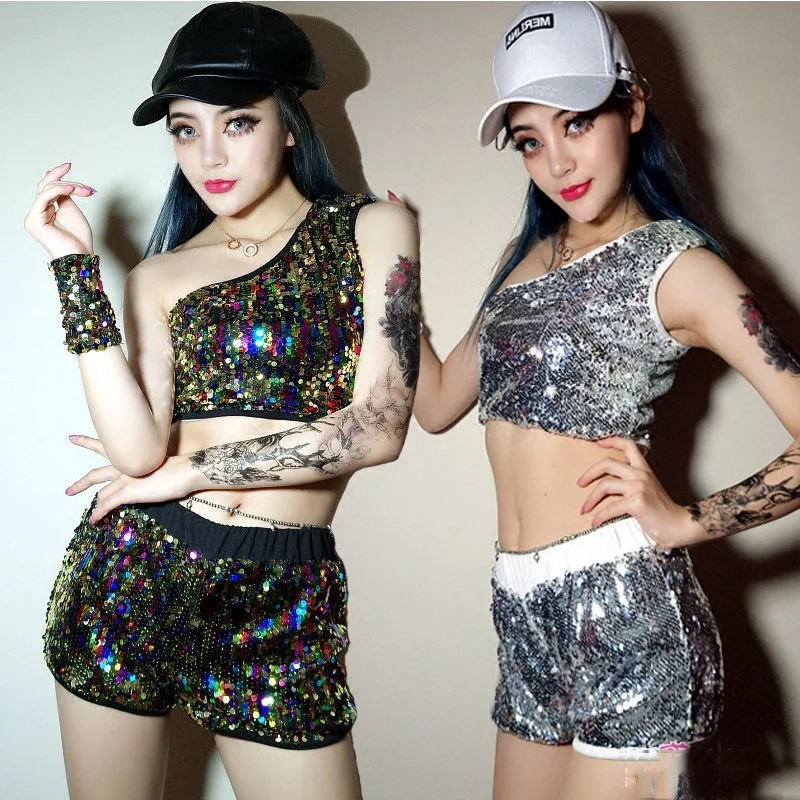 Korean Outfit Jazz Dance Costume Female Sequins Set Nightclub DJ Female Singer Hip-Hop Street Dance Performance Wear DWY3009