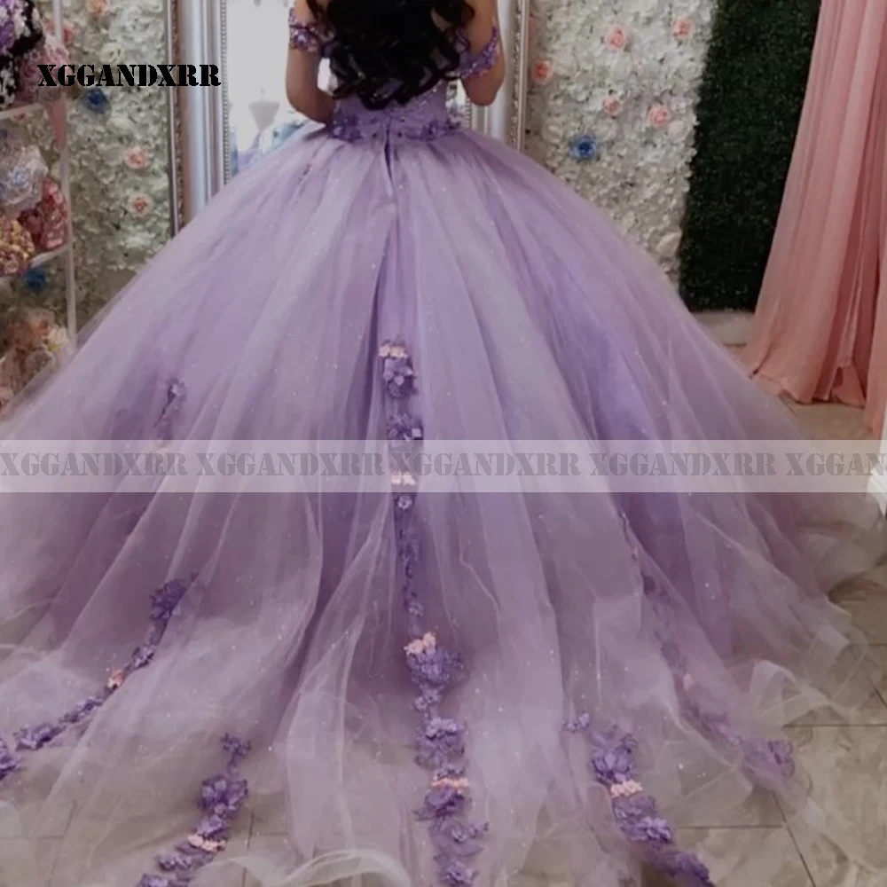 Sparkly Lilac Quinceanera Dress 2023 Sweetheart Off Shoulder Flower Ball Gown Sweet 15 16 Birthday Party Pageant Custom Made