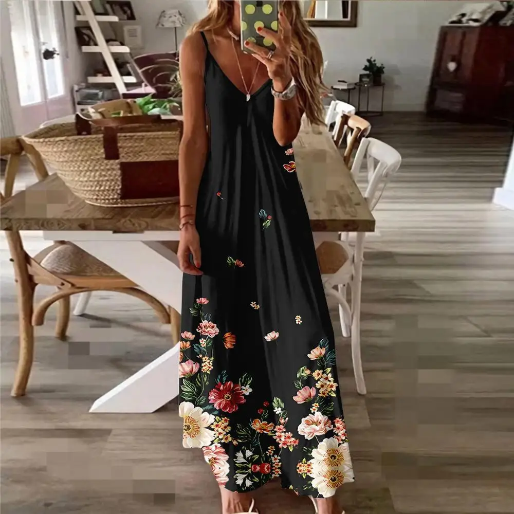 Frühling Sommer Frauen V-ausschnitt Gurt Gedruckt Sexy Strand Lange Maxi Kleid Split Sleeveless Vintage Kleidung Übergroßen Urlaub Vestido