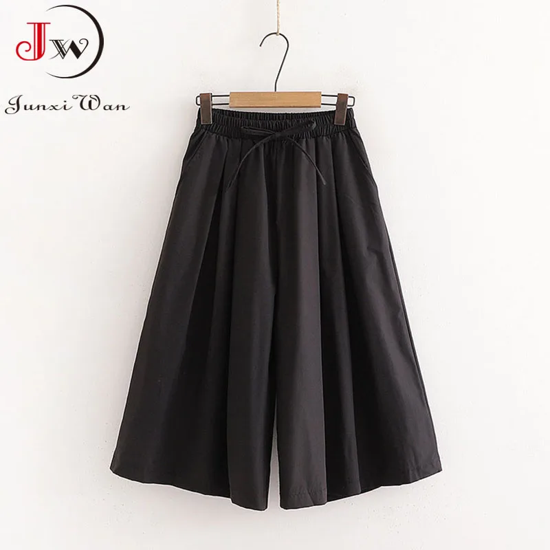 Women Summer Shorts Skirts Solid Elastic Waist Loose Casual Elegant Cotton Wide Leg Pants Korean Style Girls Midi Trousers