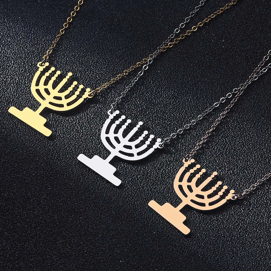 QIMING Hanukkah Candles Chanukah Menorah Hanukkiyah Lamp Stand Shaped Pendant Necklace Stainless Steel Jewelry Necklace Chokers