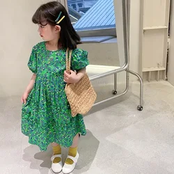 Summer Girls Dress Trimmed With Agaric Laces Green Flower Short Sleeve Sweet Princess Dress Baby Kids Children'S Clothing