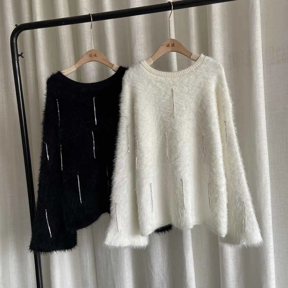 Luxury Designer Brand Knitted Sweater for Women O Neck Mohair White Tassel Black Loose Knitted Pullover Sweater