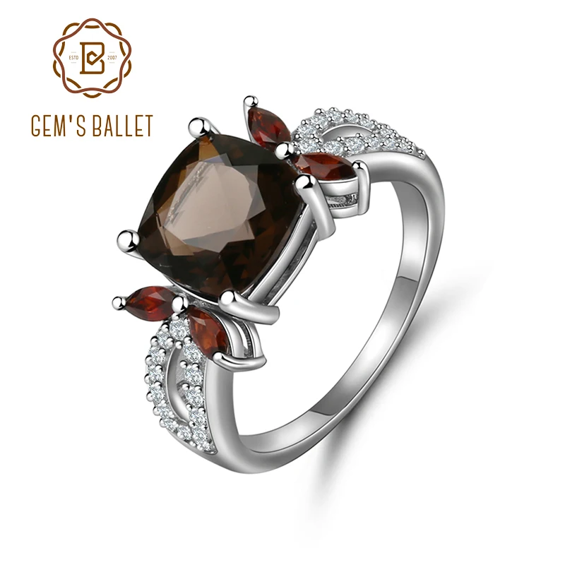 GEM'S BALLET Smoky Quartz 925 Sterling Silver Natural Gemstone Rings For Women Wedding Engagement Luxury Fine Costume Jewelry