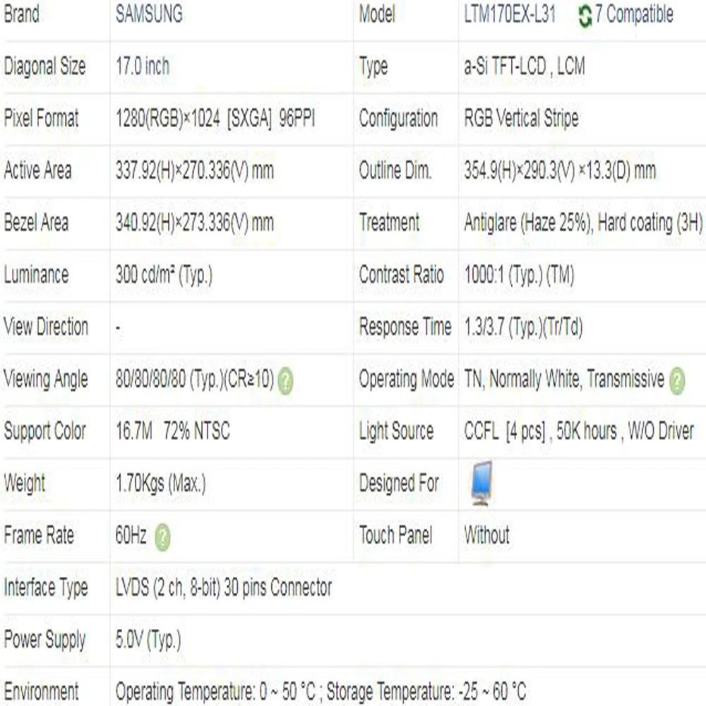 Imagem -06 - Original 17.0 Polegadas 1280x1024 30 Pinos Lvds 72 Ntsc 300 cd M60 60hz Relação de Contraste 1000:1 Tela Lcd Led Ltm170ex L31 Ltm170ex-l31