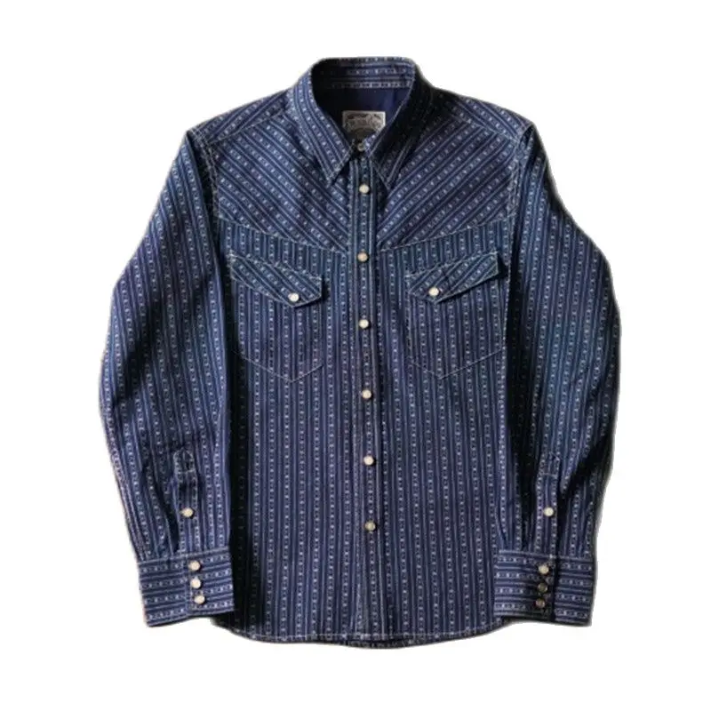 

Men's Indigo Discharge-printed Stripes Denim Shirt Long Sleeves Blouse Regular Fit Retro Vintage Clothes for Autumn