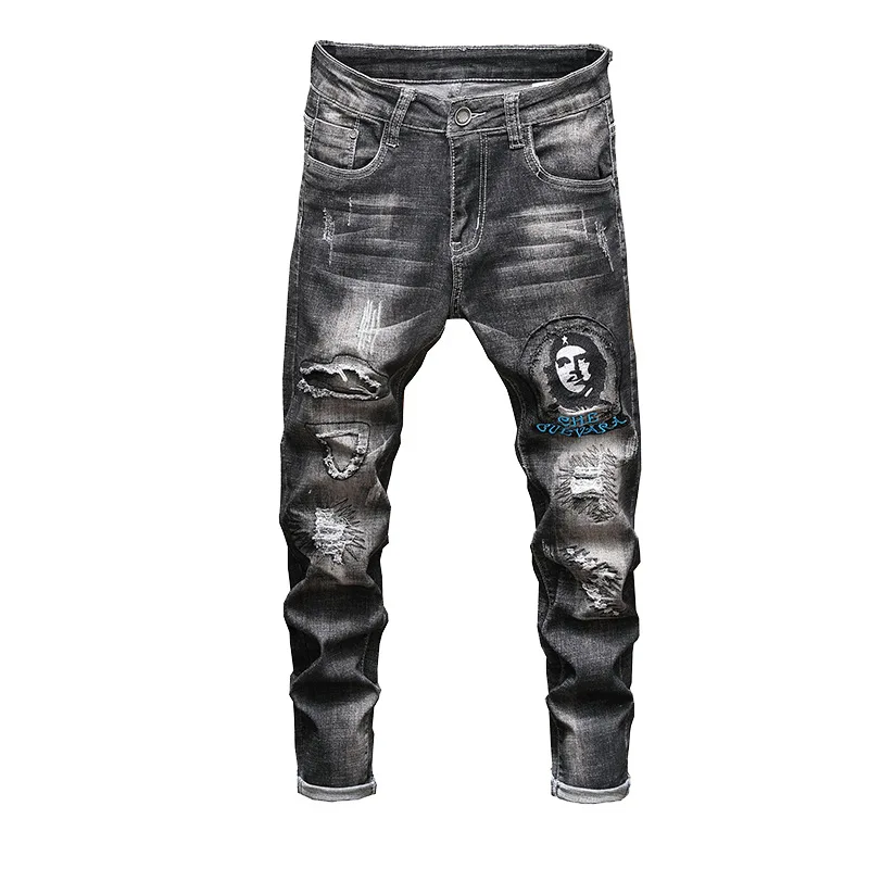 Men\'s Trousers Fashion Print Hole Distressed Stretch Pencil Skinny Jeans Streetwear 30% Promotion for Young Men