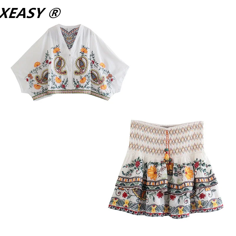 XEASY-conjunto Vintage de 2 piezas para mujer, camisa bordada con manga de murciélago y flores, de cintura alta minifalda, trajes dulces, 2021