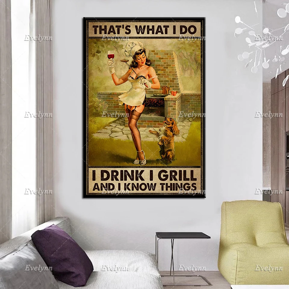 BBQ Grilling Girls Retro Poster That's What I Do I Drink I Grill And I Know Things Wall Art Prints Home Decor Canvas UniqueGift