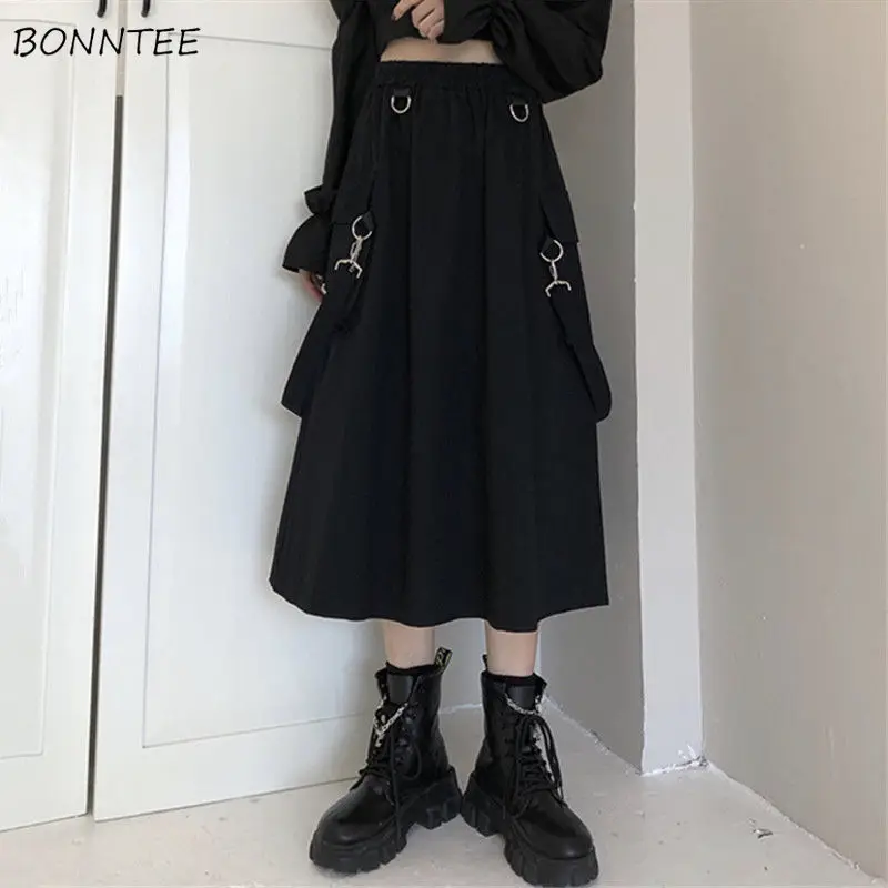 

Skirts Women Summer New Preppy Style Suspenders Punk Gothic Chain Elastic High Waist Teen Girls A-line Ulzzang Faldas Casual Ins