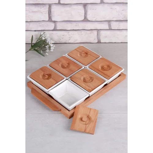 Queen's Kitchen Wood Tray Porcelain 6'lı Lux Breakfast