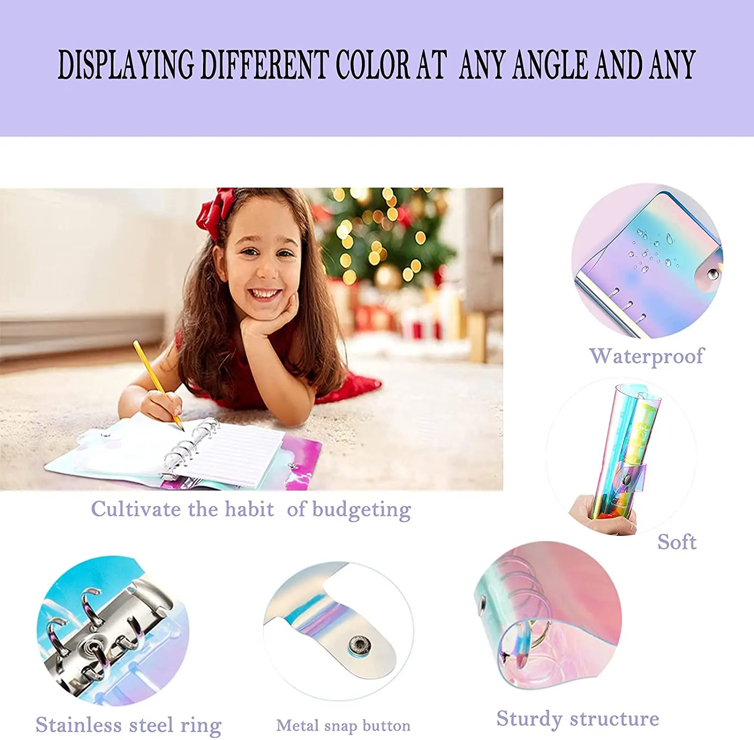 A6 Rainbow PVC Binder Notebook Cash Envelope Organizer, with 12 Pack Binder Pockets ,12 Expense Budget Sheet & Label Stickers