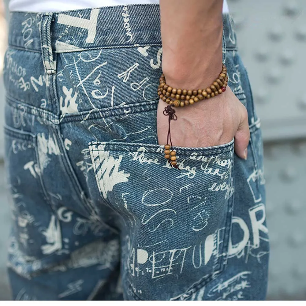 Hip-hop Graffiti Loose Baggy Skateboard Denim Men Casual Streetwear Dance Jeans Pants Straight Trousers Wide Leg Harem Clothing