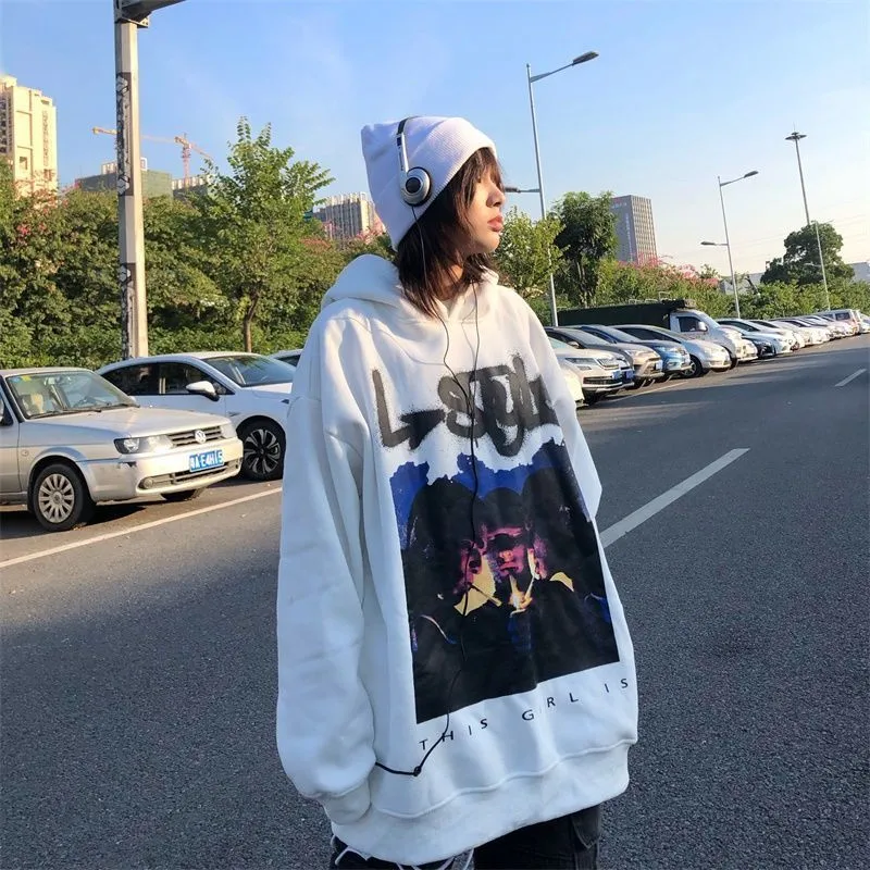 Women Hoodies Black White Oversized Hooded Sweatshirt Loose Print Tops Pullover Loose Plus Size Streetwear Spring Autumn Winter