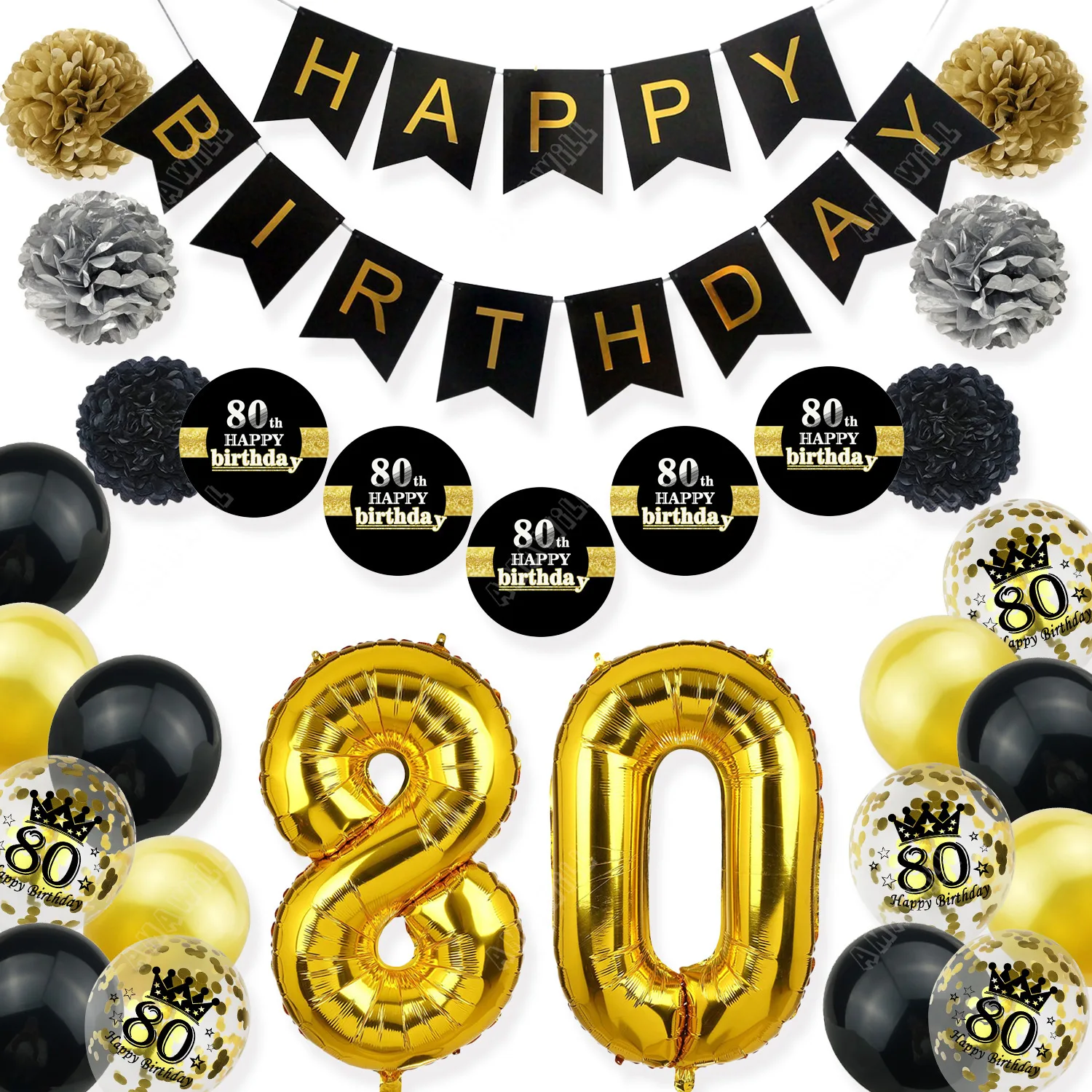 Amawill 80th Birthday Party Decoration Kit Black Happy Birthday Banner Paper Flower Stickers Gold 80 Years Old Party Supplies