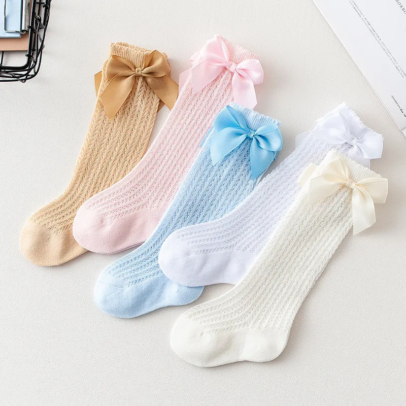 New Summer Baby Girl Socks Mesh Thin Big Bow Infant Long Knee High Sock Cotton Newborn Socks for Girls Age for 0 to3year