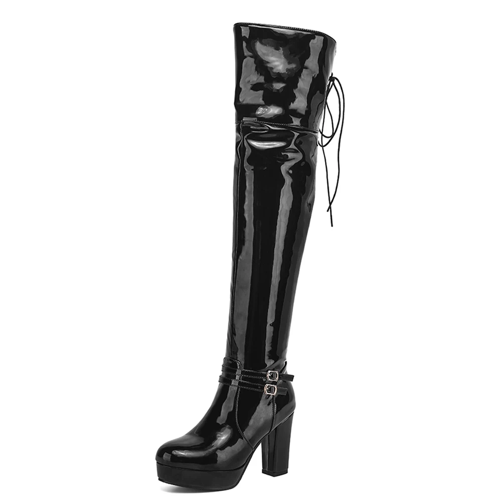 2020 Sexy Fashion Patent Leather Thick Heel Boots Double-Breasted With Side Zipper Back Lace Super High Heel Over The Knee Boots