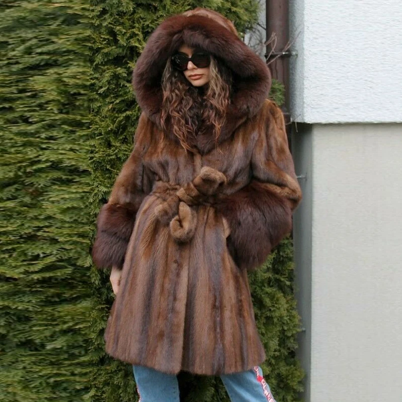 BFFUR Fashion Real Fur Coat Women Mink Fur High Quality Luxury Middle Length Natural Genuine Hooded Mink Coat with Belt