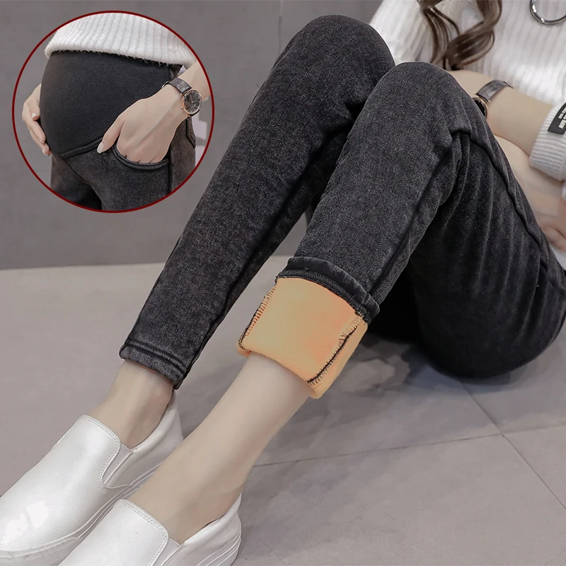 Pregnancy Warm Thick Denim Pants Winter Fleece Maternity Jeans for Pregnant Women Plus Velvet Maternity Trousers