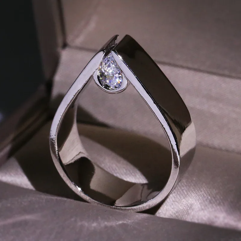 Luxury Male white gold Ring Square Crystal white Zircon Stone Ring Wedding Bands Promise Love Engagement Ring