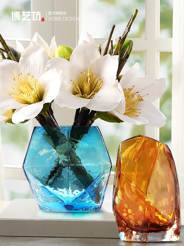 Modern Nordic Creative Geometry Glass Vase, Blue Transparent Flower Bottle Crafts, Living Room Ornaments, Home Decor Accessories