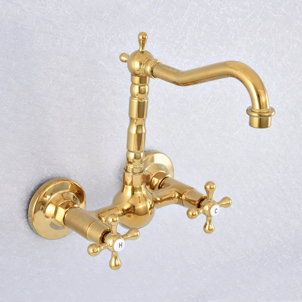 Polished Gold Color Brass Wall Mounted Double Cross Handles Bathroom Kitchen Sink Faucet Mixer Tap Swivel Spout asf618