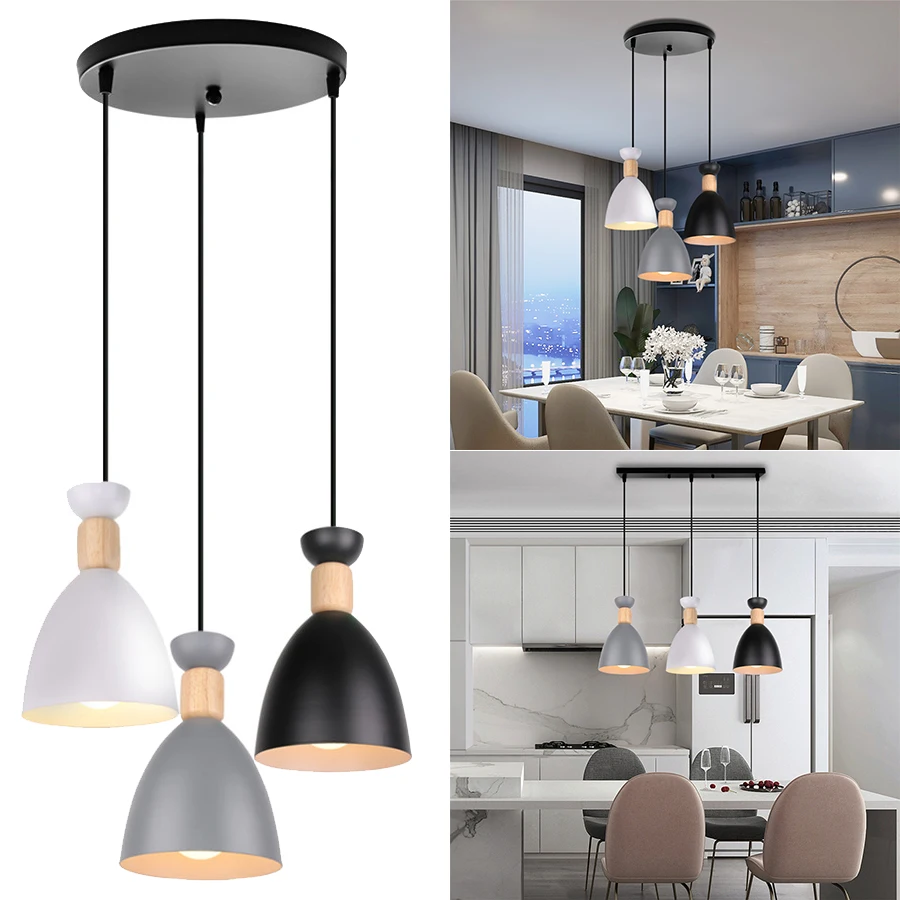 

Modern Nordic 3-Head Pendant Lights Wooden Iron Dining Room Pendant Lamp Minimalist Indoor Bar Cafe Kitchen Hanging Lampshade