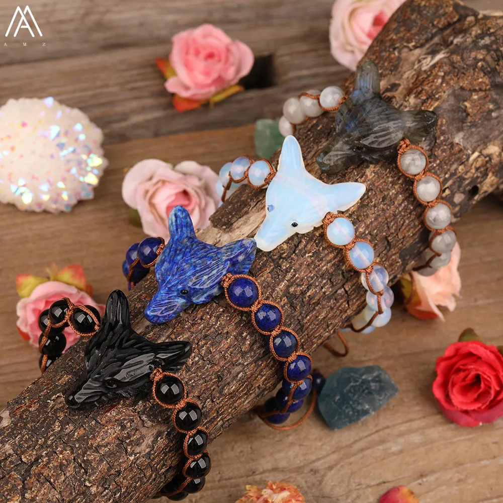 Natural Amethysts Roses Quartz Craved Wolf Head Beads Braided Adjustable Bracelets Women Stone Beads Woven Bracelet Dropship