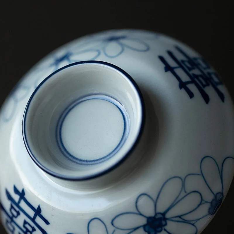 110ml Hand Painted Double Happiness Ceramic Tea Tureen Blue And White Porcelain Tea Maker Gaiwan Covered Bowl Kung Fu Teaware