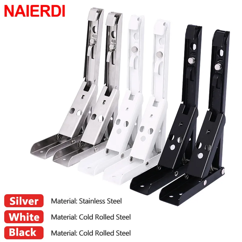 NAIERDI 8-14 Inch 2PCS Stainless Steel Folding Bracket White Black Iron Triangle Bracket Adjustable Wall Support Table Shelf