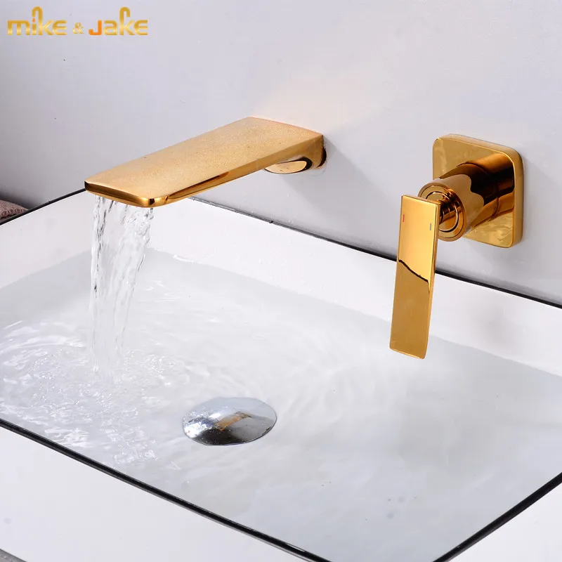 

Gold wall faucet bathroom golden waterfall mixer hot and cold bathroom wall water tap waterfall style luxury gold faucet