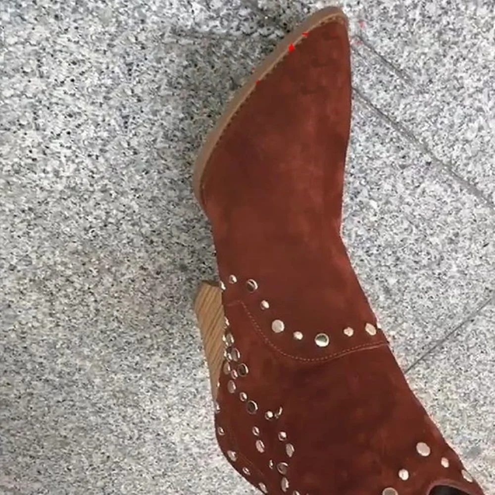 Black Ankle Boots Suede Leather Rivets Studded Women Fashion Pointed Toe Spike Heels Brown Boots Slip On Woman Gladiator Shoes