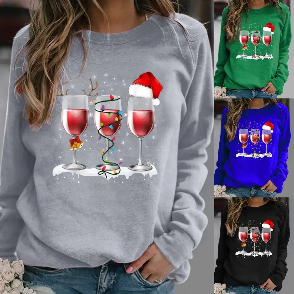 Feminino natal manga comprida wineglass impressão outono inverno blusa moletom