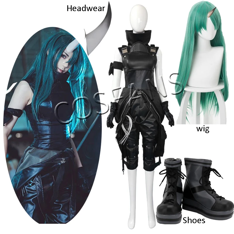 Trò Chơi Arknights Hoshiguma Đồng Bộ Trang Phục Hóa Trang Da Liền Quần Phù Hợp Với Sừng Halloween Nữ Áo Cosplay Bộ Tóc Giả Giày Mũ Đợi Đầu Đa Năng