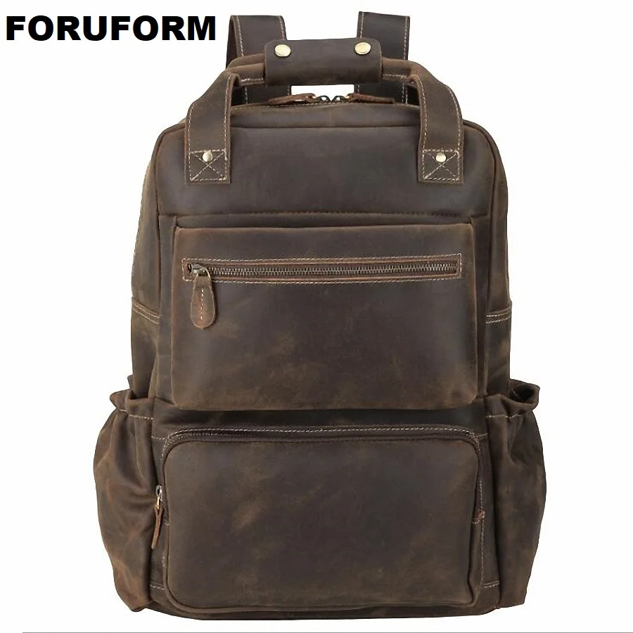 

Genuine Leather Business Men Backpack Double Zipper Cowhide Backpacks Brief Case Travel Office Shoulder Bags Purse Leather