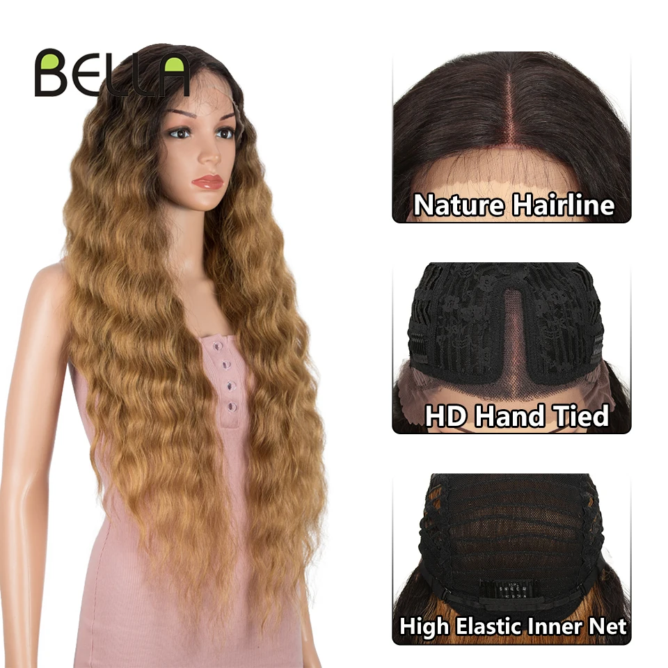 BELLA-Peluca de cabello sintético con ondas profundas para mujer, postizo de encaje frontal, color rubio, rosa, 30 pulgadas, para Cosplay