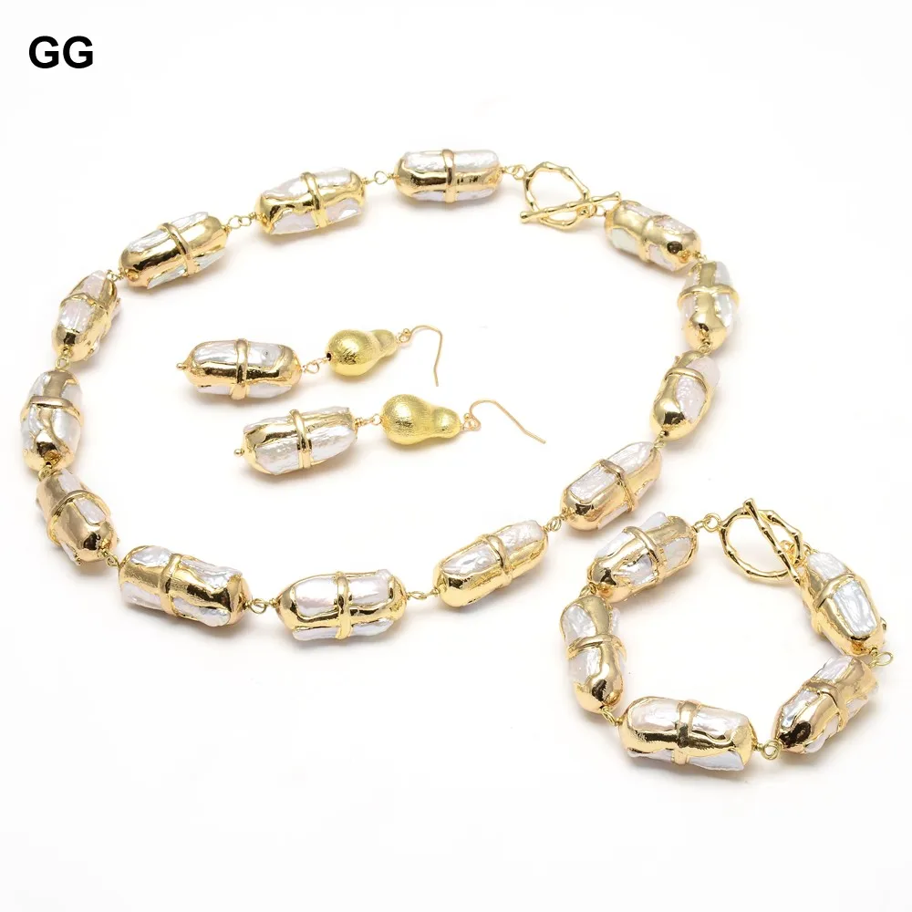 

G-G Natural White Biwa Pearl Electroplated Edge Gold Plated Brushed Beads Wrap Necklace Bracelet Earrings Sets