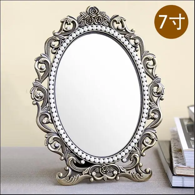 

Retro Desktop Makeup Cosmetic Mirror, Floral Embossed Jewelry, Pearl-inlayed Metal Frame, Table Decoration, Silver Bronze, 337B