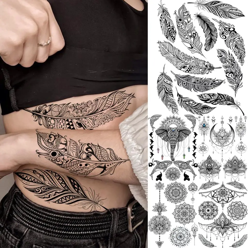 3D Henna Mandala Feather Sexy Waist Temporary Tattoos For Women Adult Pendant Elephant Whale Fake Tattoo Arm Waterproof Tatoos