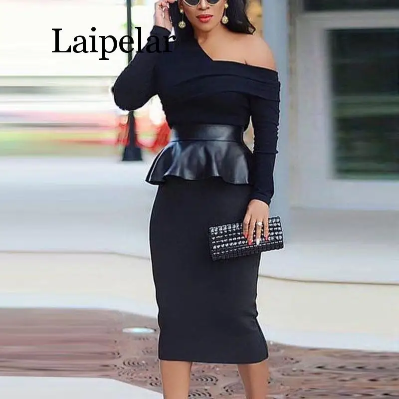 

2020 Women Long Sleeve One Shoulder Peplum Dress Elegant Office Lady PU Insert Work Dress Sexy Solid Party Midi Dress laipelar