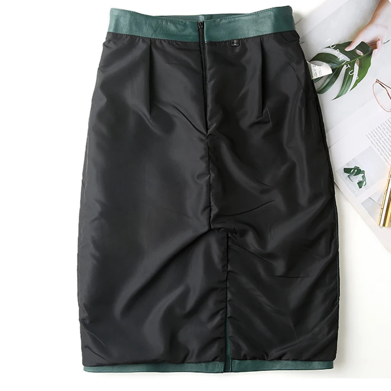 Women Lace-up Genuine Leather Skirt Female Winter Pure Sheep Skin Knee Length Saias With Belt Feminina Neat Stitches Wrap Jupe