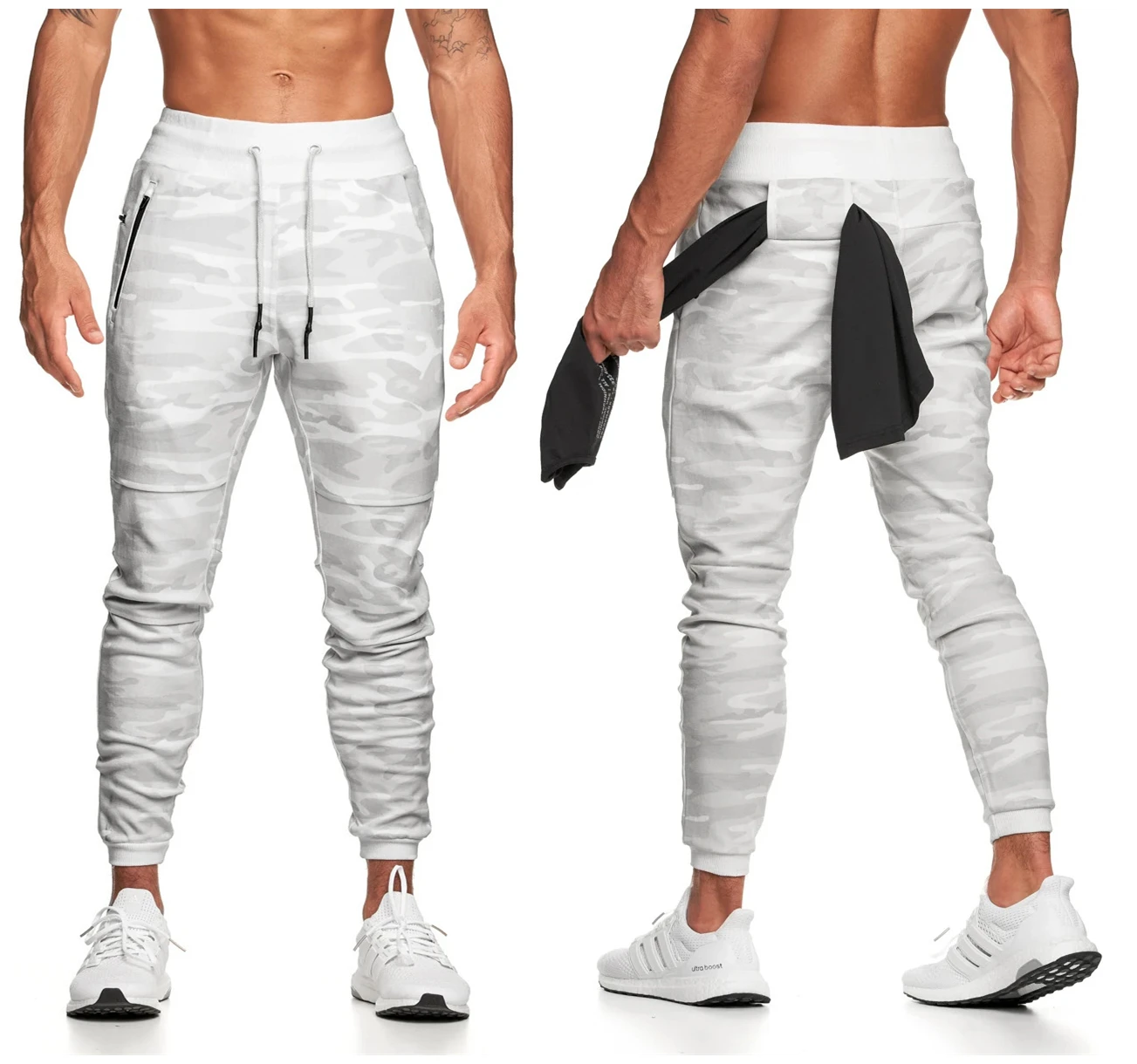 2021 White Camo Pants Fitness Zipper Elastic Gym Bodybuilding Quick-Dry Training Running Sweatpants Joggers Trousers Sportswear