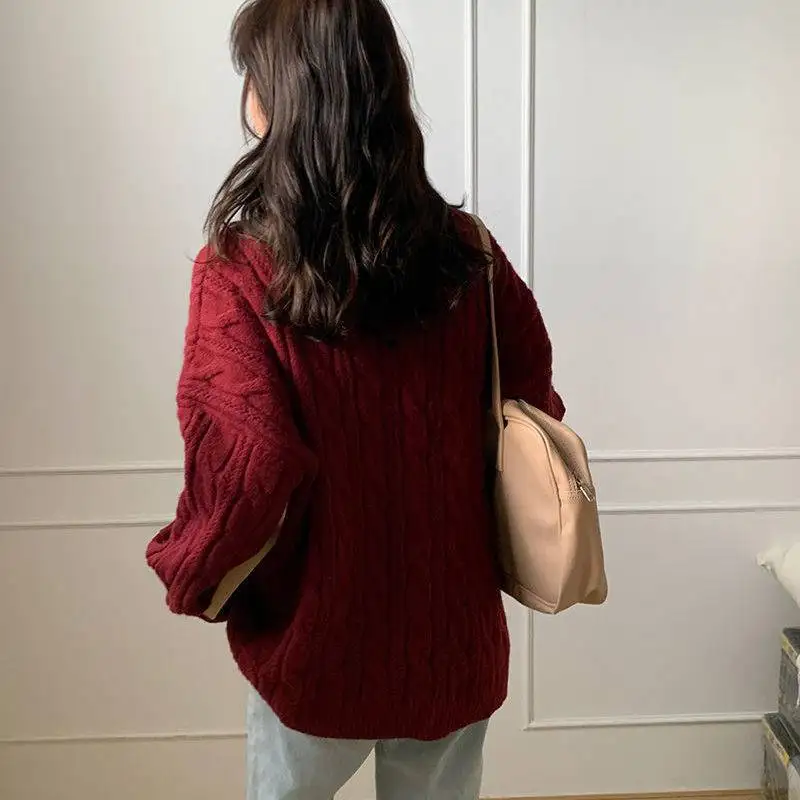 New Wine Red Cardigan Sweater Korean Vintage Fried Dough Knitting Single Breasted Style Black O-Neck Loose Sweater Coat