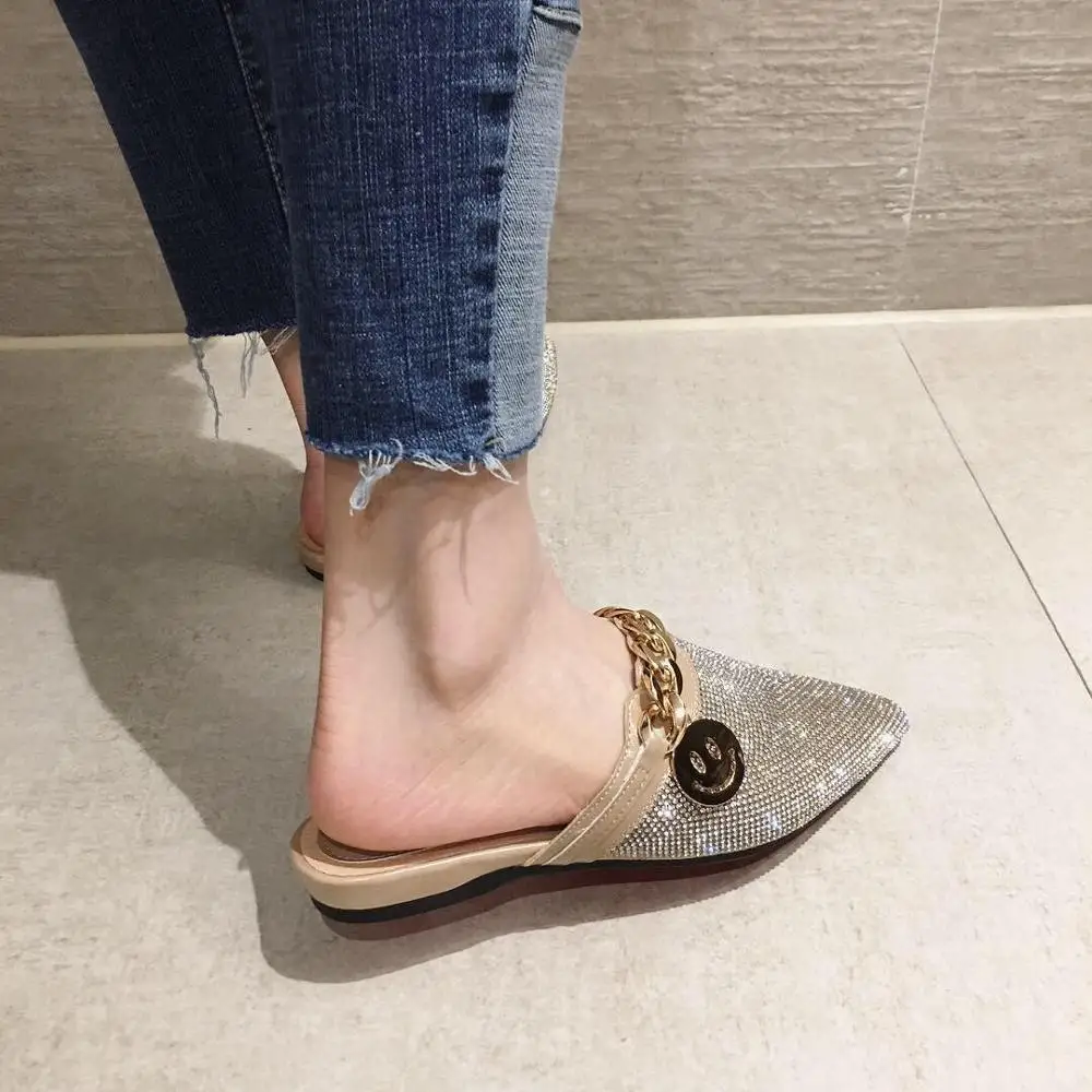 Pointed Toe Half Slippers Female Summer Wear 2021 New Fashion Rhinestone Lazy Flats Sandals Casual Slippers Metal Chain Slides