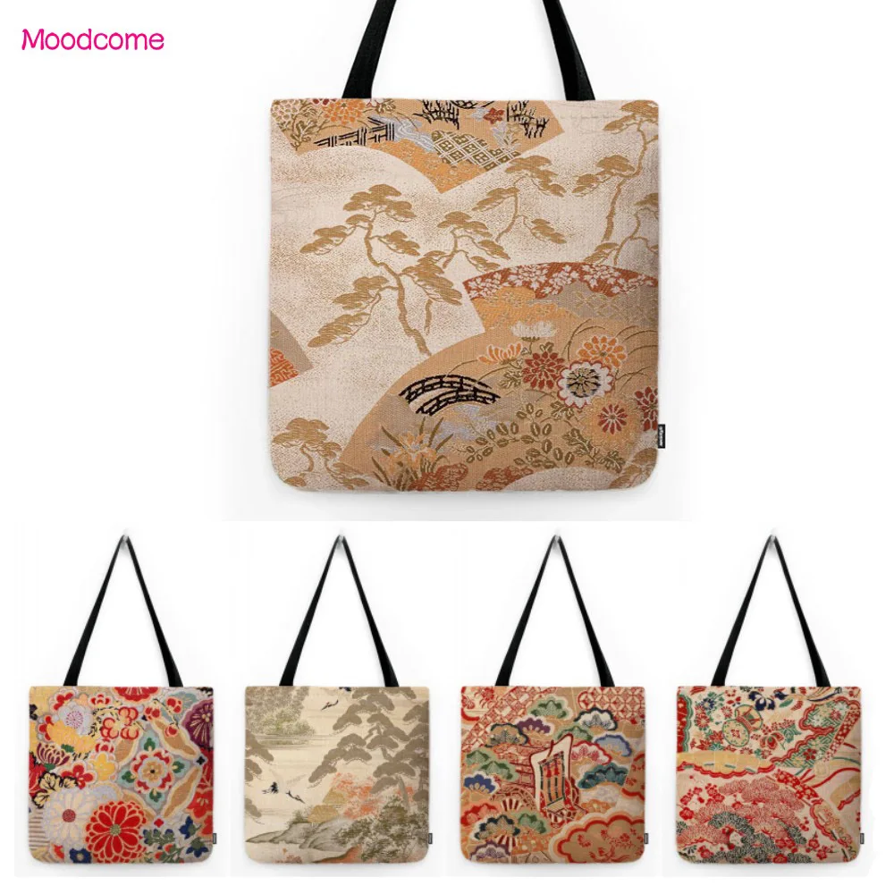 Traditional Japanese Embroidery Beautiful Scenery Plant Birds Red Classic Tote Bag Cotton Linen Fashion Shopper Shoulder Bag