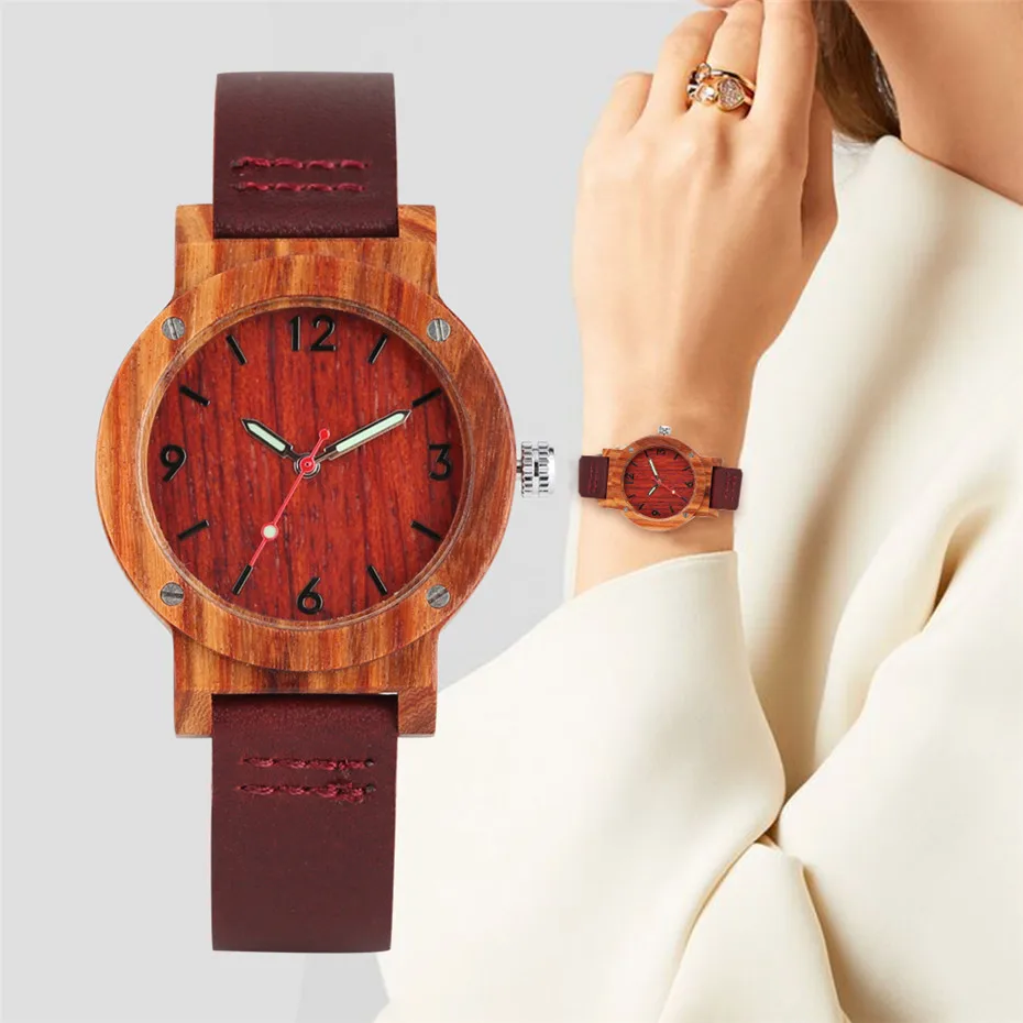 reloj femenino Cherry Wood Women Watch Quartz Movement Genuine Leather Wristwatch Elegant Ladies Wooden Clock