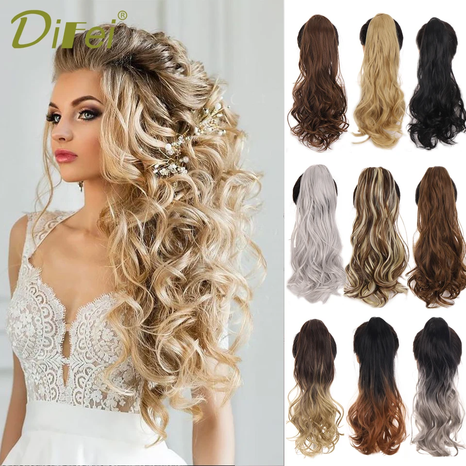 DIFEI 24 Inch Long Wave Ponytail Fakehair Synthetic Extensions Heat Resistant Hair Velcro Wrap Around Pony Hairpiece for Women