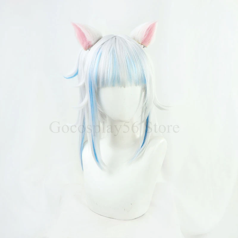 Gawr Gura peluca con orejas VTuber para niñas, Cosplay gris mezclado, azul, largo, liso, ondulado, pelo sintético, juego de rol