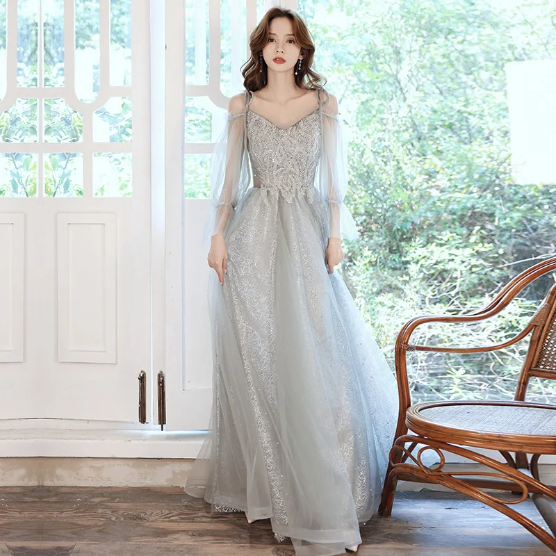 New Grey Spaghetti Strap Long Formal Evening Dresses Vestidos Size 3XL Women Elegant Fashion Sequin A-Line Party Gowns