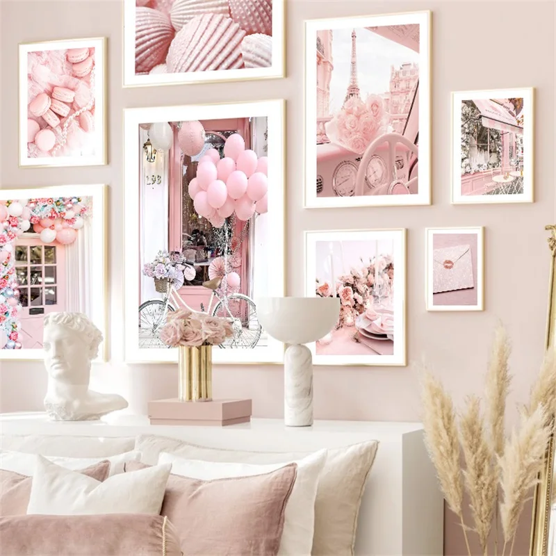 

Pink Flower Balloon Fashion Paris Tower Car Street Wall Art Print Travel Canvas Painting Poster Decor Pictures For Living Room